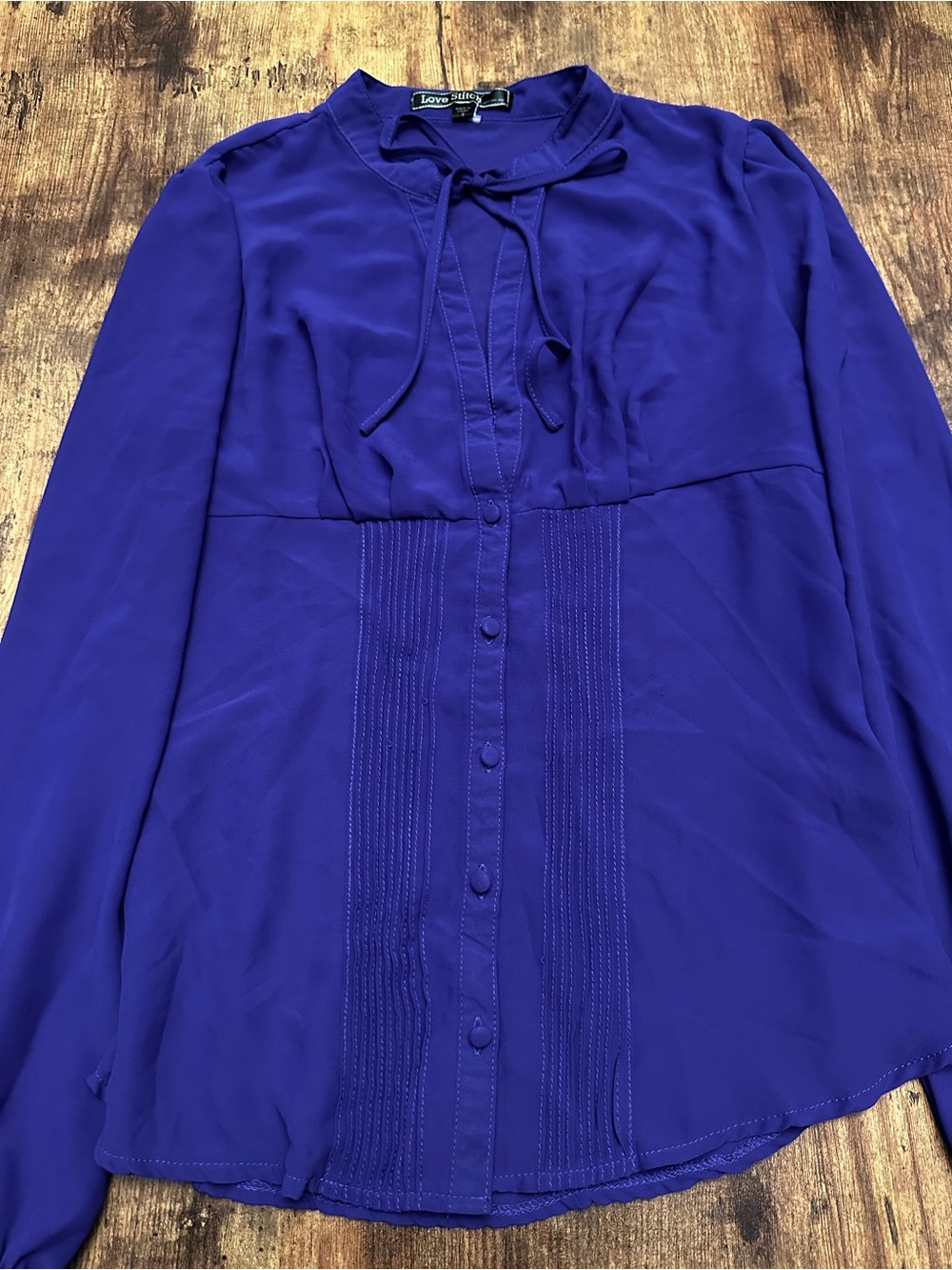 Love Stitch Deep Purple Tie-Neck pin tuck Button Down Blouse